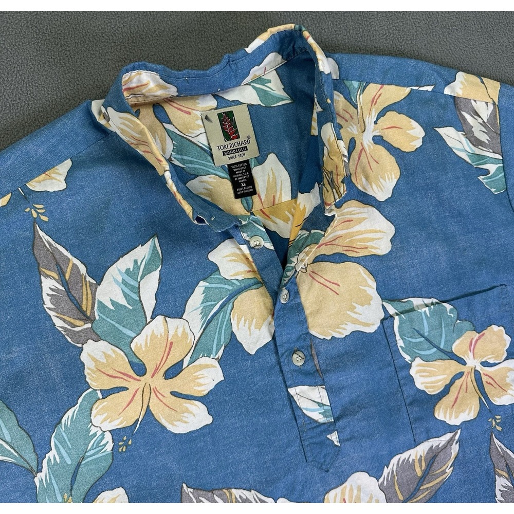 Tori Richard Shirt XL Blue Floral Hawaiian Popover Reverse Print Tropical USA